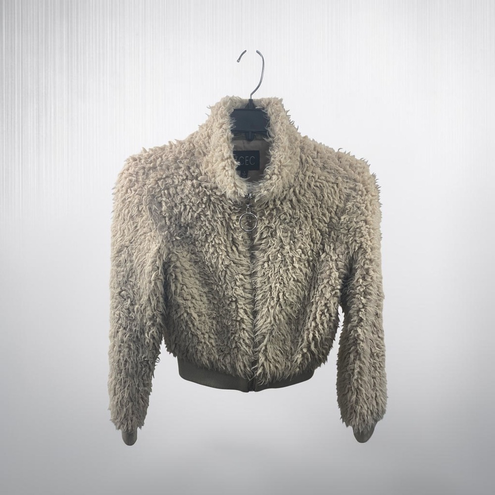 TCEC Womens Faux Fur Shaggy Bomber Jacket Tan Beige Cropped Zip Up Small